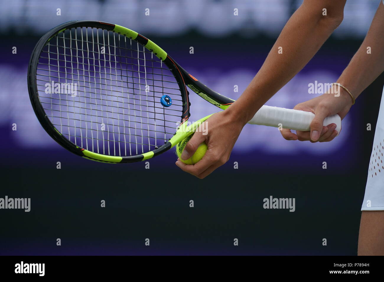 A general view of a Tennis Racket and Slazenger Ball on day three of the Wimbledon Championships at the All England Lawn Tennis and Croquet Club, Wimbledon. PRESS ASSOCIATION Photo. Picture date: Wednesday July 4, 2018. See PA story TENNIS Wimbledon. Photo credit should read: John Walton/PA Wire. Stock Photo