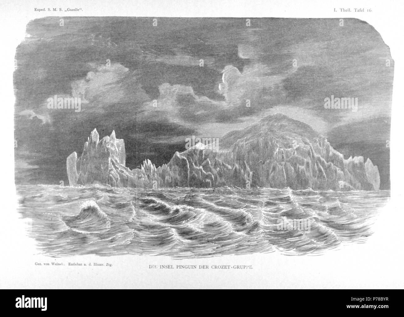 Deutsch: Zeichnung der Île des Pingouins (Pinguin-Insel), Crozet-Inseln, Indischer Ozean English: Drawing of Penguin Island, Crozet Islands, Indian Ocean . drawn in 1874, published in 1876 50 PenguinIsland SMS Gazelle Stock Photo