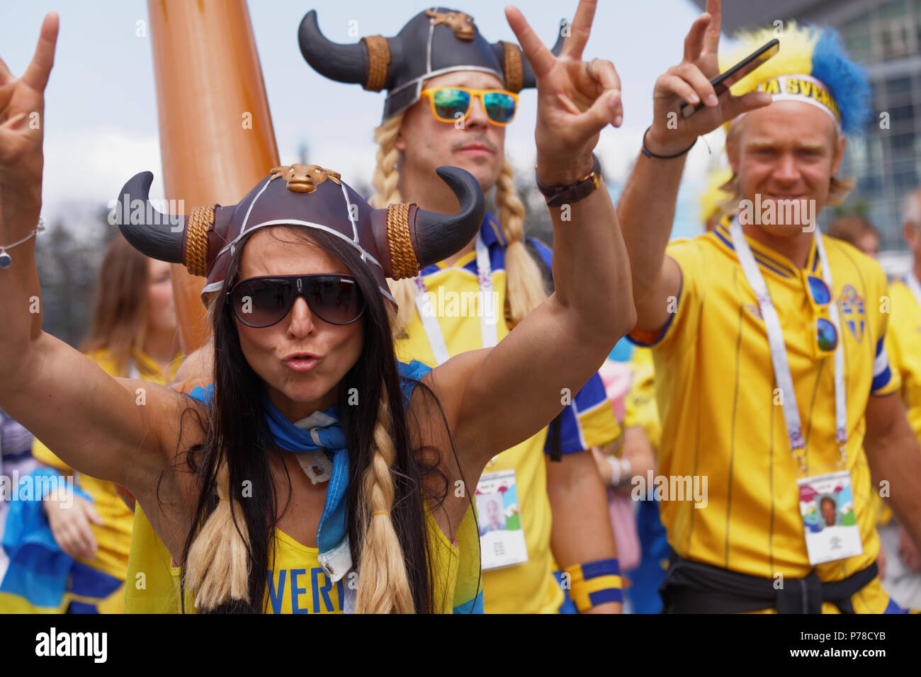 St. Petersburg, Russia - July 3, 2018: Swedish football fans at Saint Petersburg stadium before the match of FIFA World Cup 2018 Sweden vs Switzerland Stock Photo