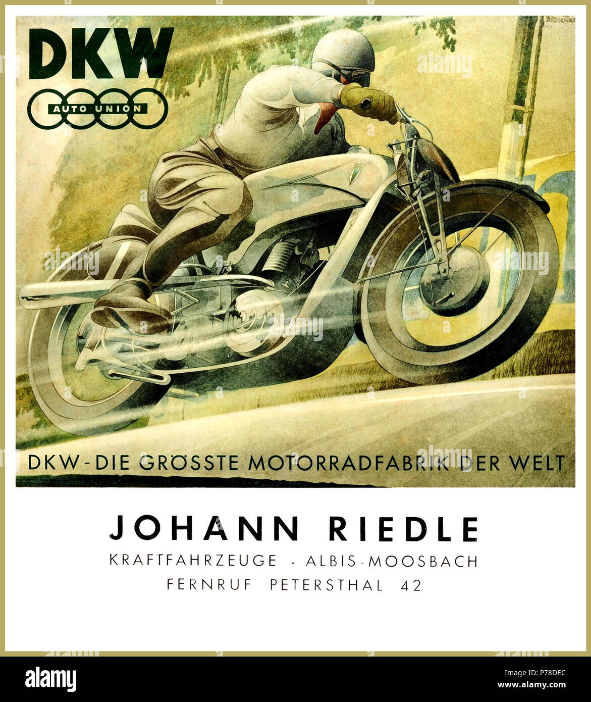 Original Vintage 1930s German Advertising Poster For DKW Auto Union Motorcycles, Stock Photo