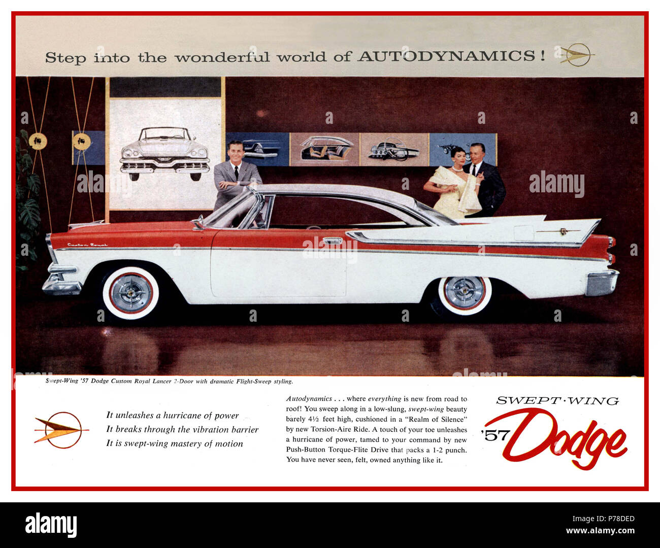 Vintage Americana '50's 1957 press advertisement for the swept wing Dodge Custom Royal Lancer The “Realm of Silence” cushioning the passenger with autodynamics. Priced at about $2900, and about 55,000 were produced. Stock Photo