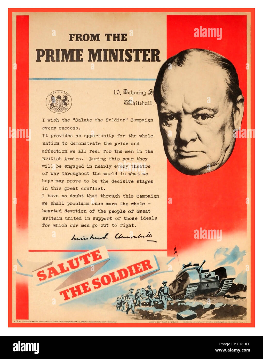 Vintage 1940's World War Two poster featuring a letter from the Prime Minister Winston Churchill -' I wish the Salute the Soldier campaign every success...' featuring an image of Winston Churchill (1874-1965) next to a copy of his letter from 10 Downing Street Whitehall with an image below of British Army soldiers in uniform and carrying their rifle guns marching in fields next to a tank with a 'Salute the Soldier' banner. The Salute the Soldier week was a national war savings campaign to raise funds for  military equipment to support men fighting the war. Stock Photo