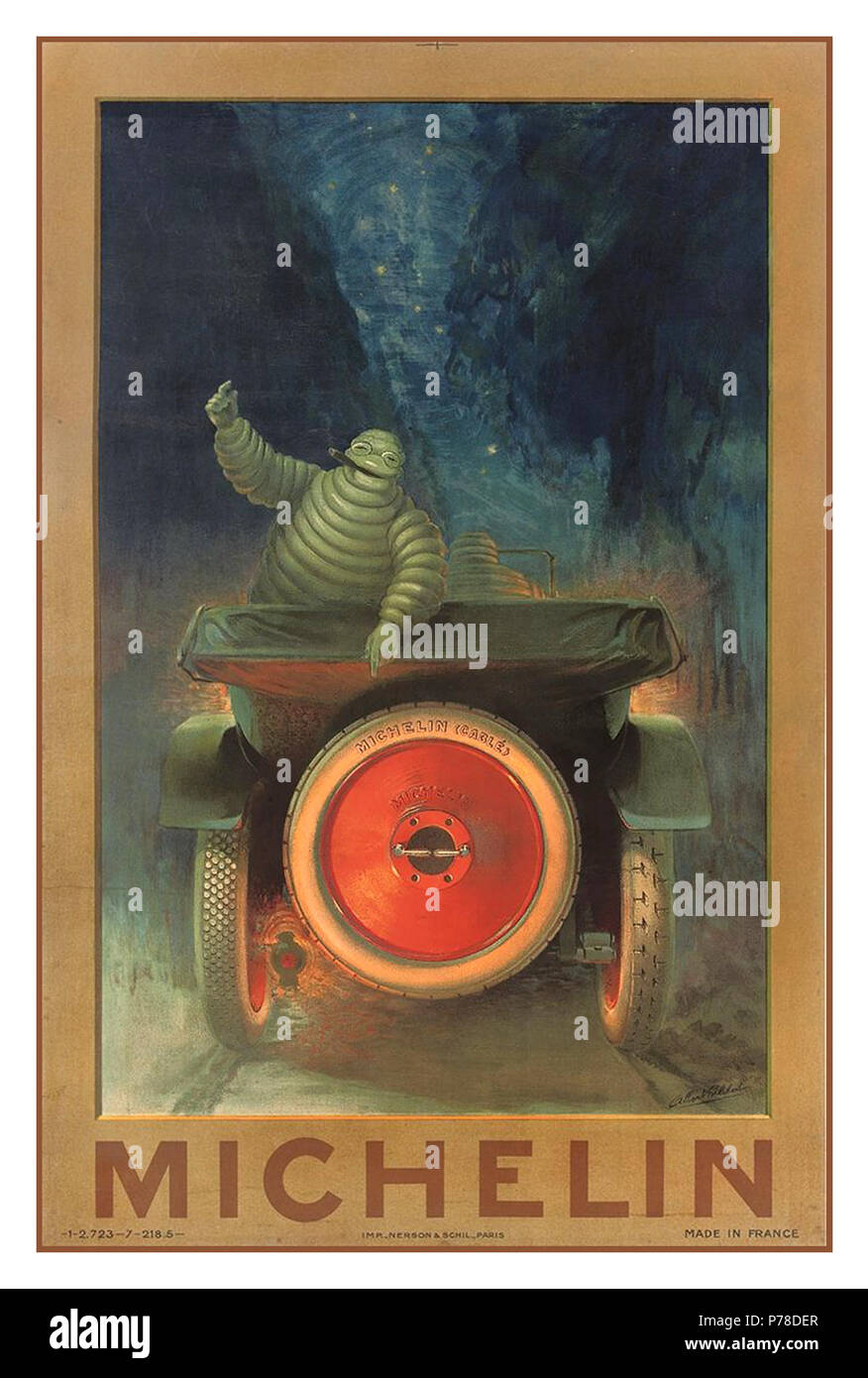 MICHELIN Vintage historic early 1900's poster for Michelin tyres with Michelin Man 'Bibendum' pointing to car tyre with MICHELIN CABLÉ impressed in relief Stock Photo