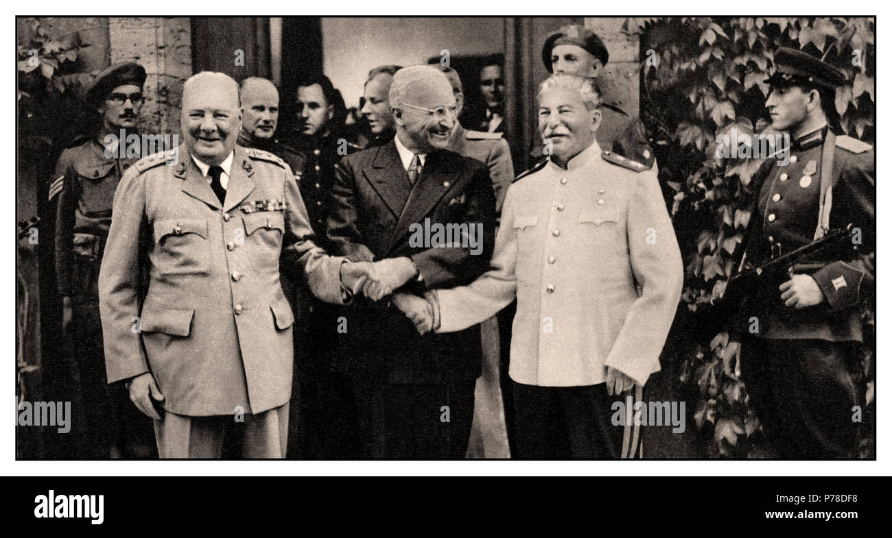 POTSDAM Vintage Post-War WW2 1940’s Big Three shaking hands at Potzdam Conference Prime Minister Churchill, President Roosevelt and Premier Stalin 1945 Potsdam, Germany Stock Photo