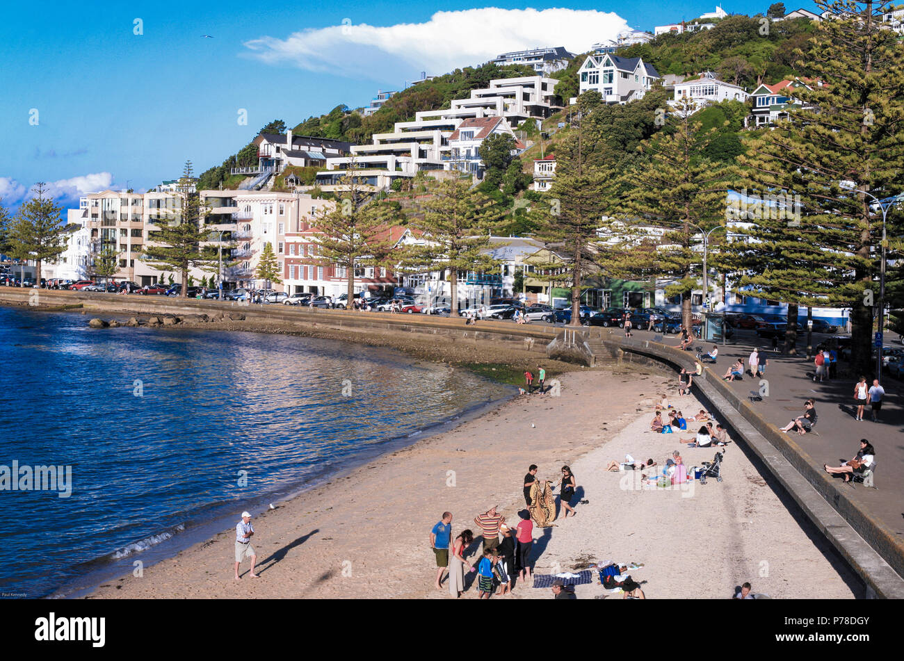 People relaxing on the beach at Oriental Bay, Wellington, New Zealand Stock Photo
