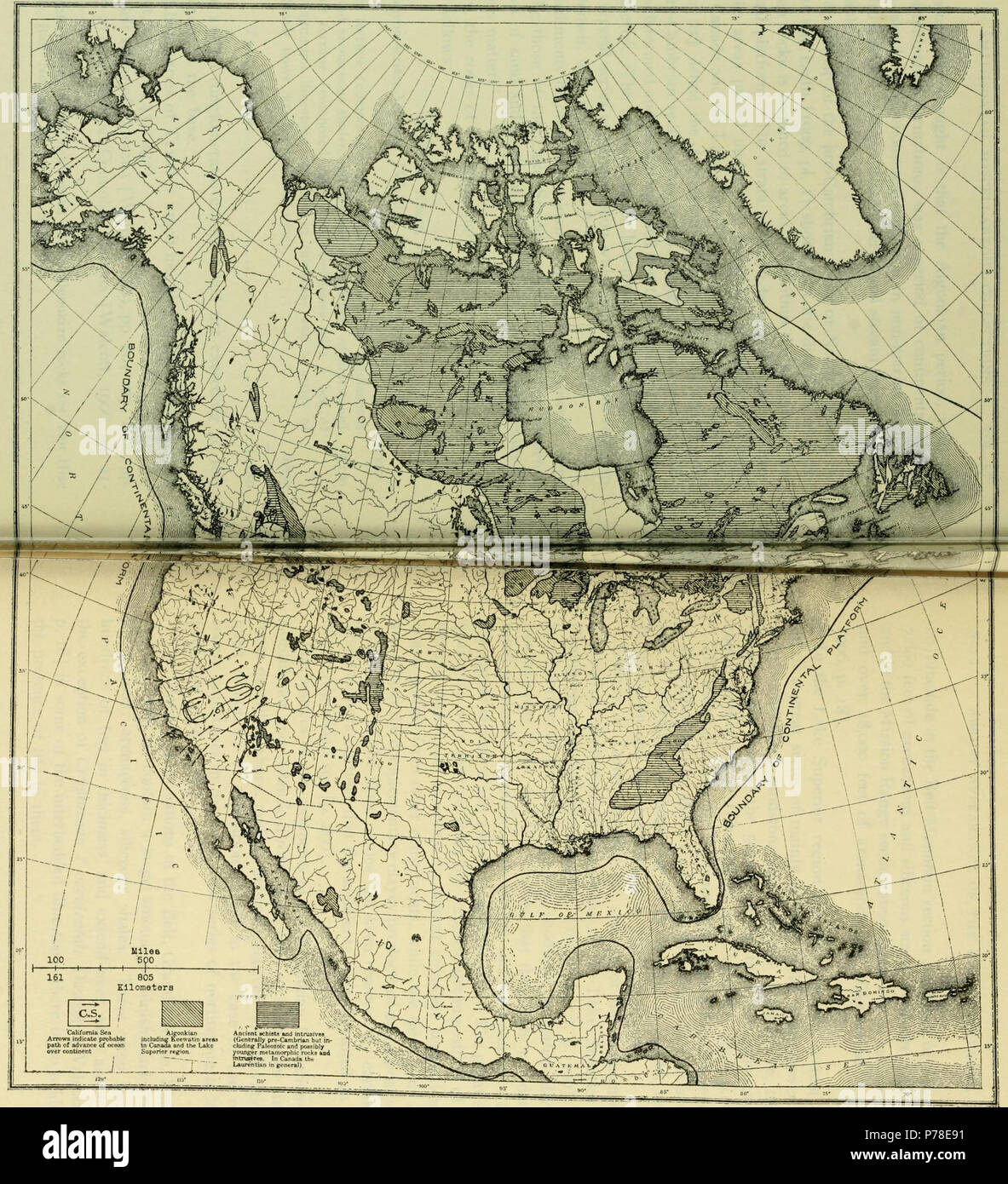 Plate 24: Map of North America showing Distribution of Pre-Cambrian rocks (after Van Hise and Leith, 1909.) . 1910 65 Walcott Cambrian Geology and Paleontology II plate 01 Stock Photo