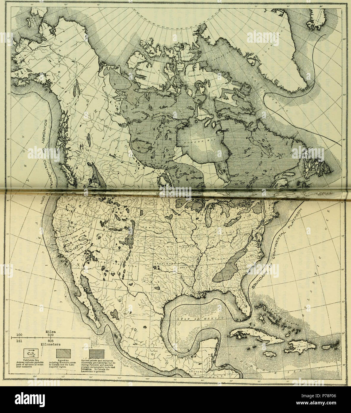 Plate 24: Map of North America showing Distribution of Pre-Cambrian rocks (after Van Hise and Leith, 1909.) . 1910 67 Walcott Cambrian Geology and Paleontology II plate 01 Stock Photo