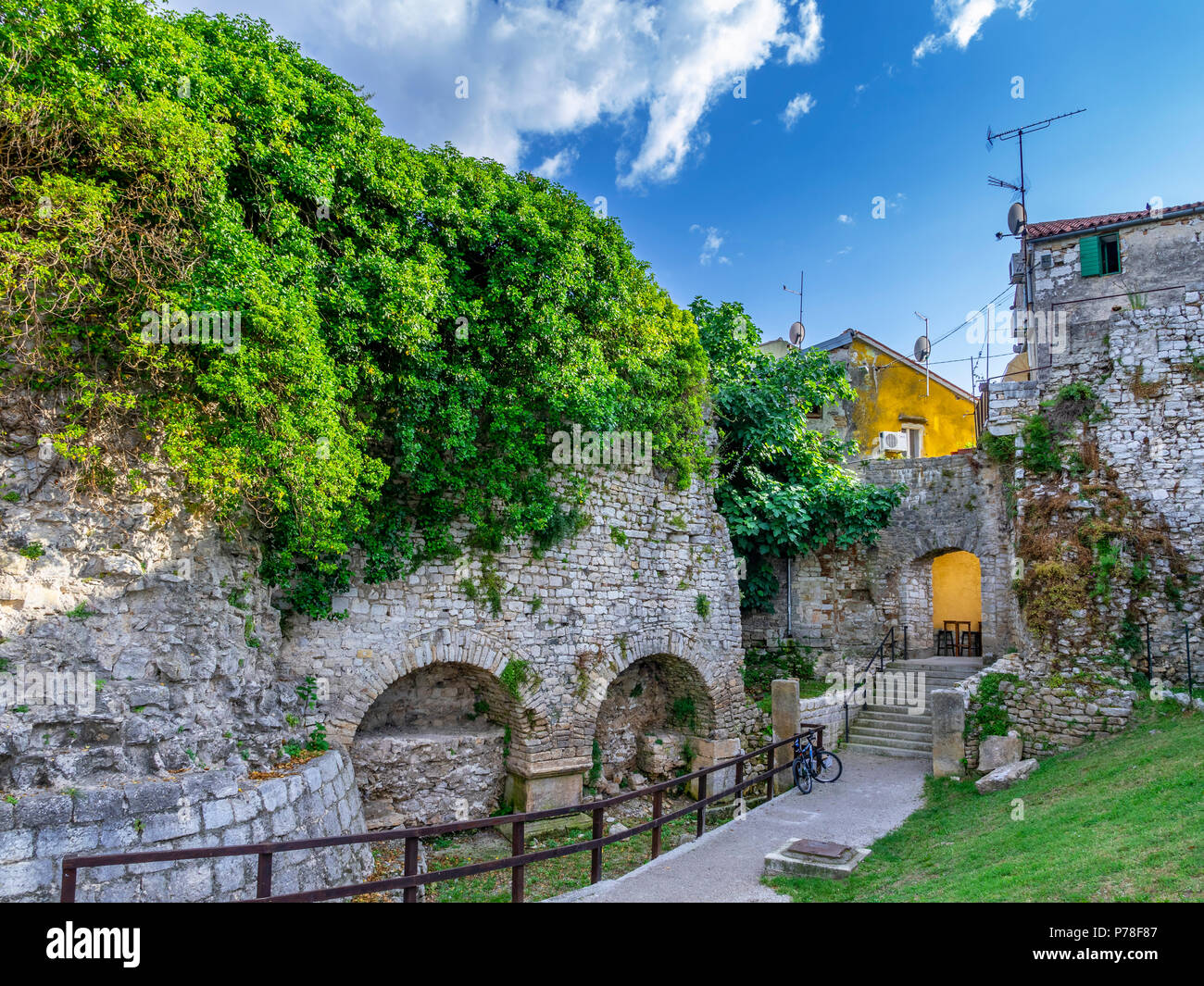 City Wall at Defense Tower 1473 - Obrambena Kula, Porec, Istria, Croatia, Europe Stock Photo