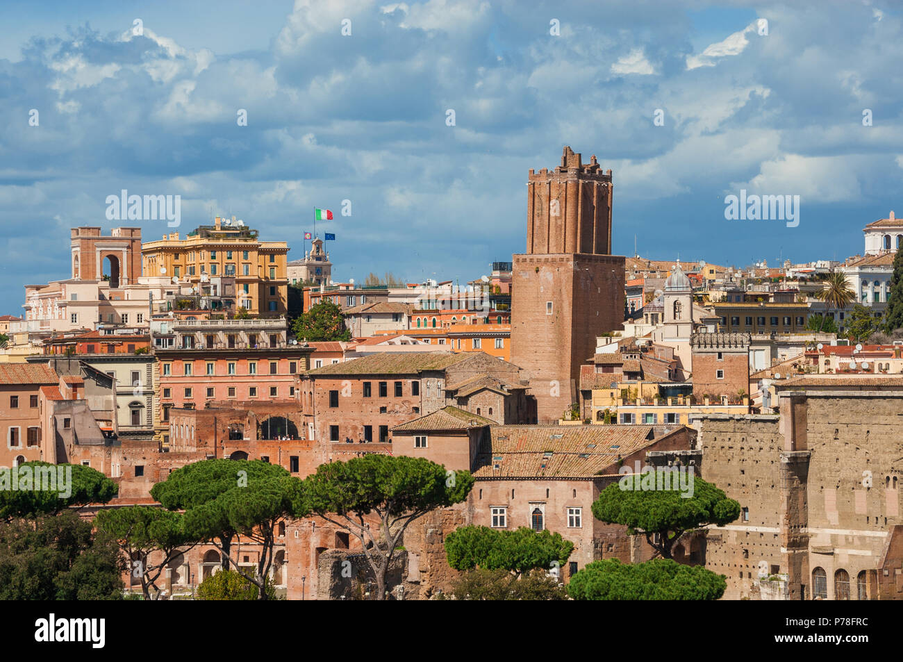 Rome historic center old skyline with medieval Tower of Militia and Quirinal Hill Tower of the Wind above Imperial Fora ruins Stock Photo