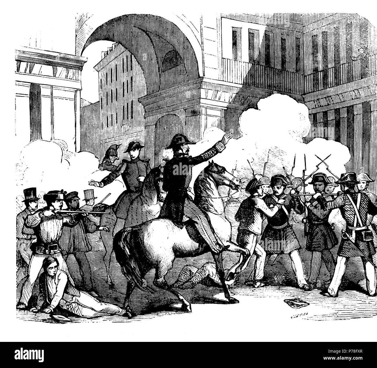 Madrid. Revolución de julio de 1854. Combate en la Plaza Mayor. Grabado de 1854. Stock Photo