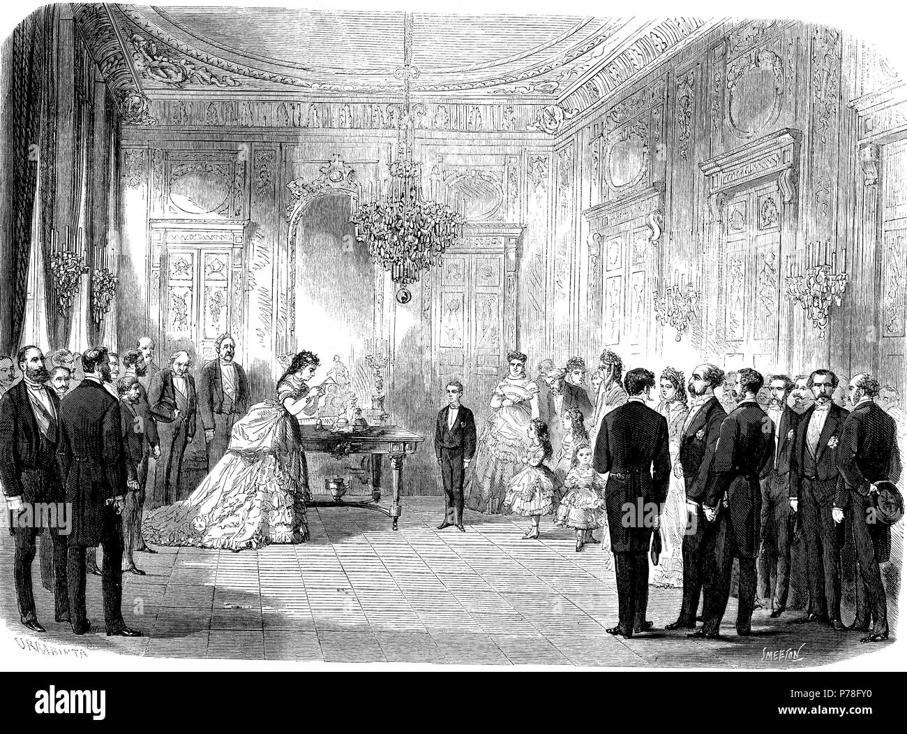 Francia. Abdicación de la reina Isabel II de Borbón (1830-1904) en favor de su hijo Alfonso XII (1857-1885) en París, junio de 1870. Grabado de 1870. Stock Photo