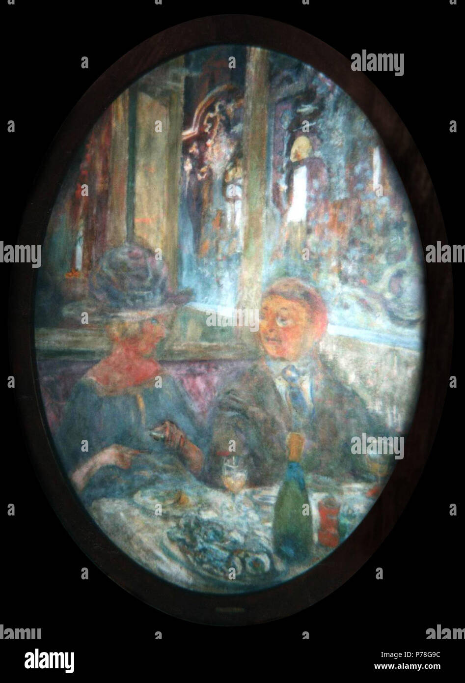 English: About 4 feet in height by three feet in width, 'The Oysters' depicts a couple seated to champagne and oysteers and is estimated to be worth £250,000. It last sold in 2005 for £3,000 on eBay to an unknown auction winner. Its current whereabouts are unknown. . 1918 9 Edouard Vuillard Oysters Stock Photo