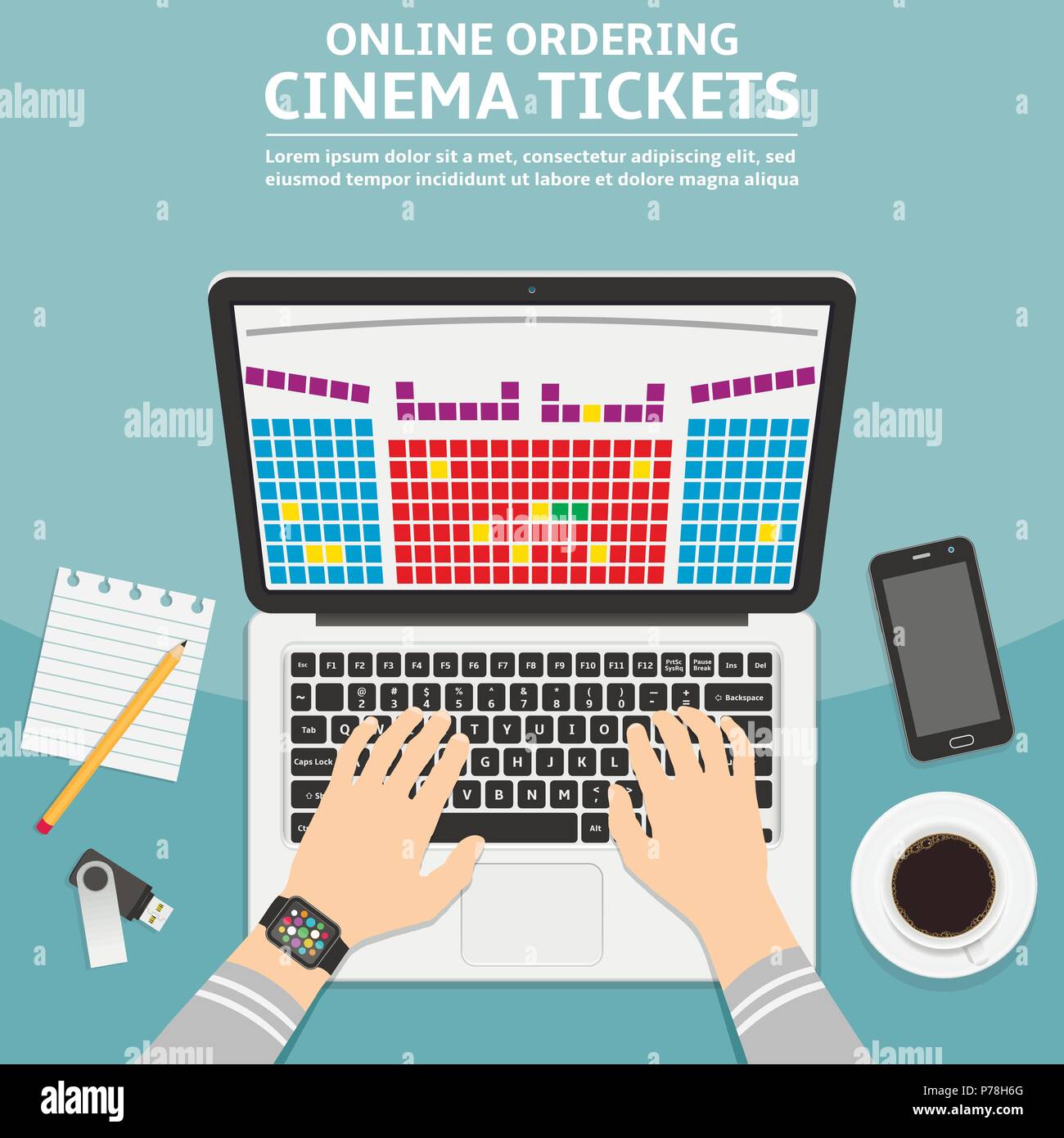 Online cinema ticket order flat design concept. Vector illustration. Stock Vector