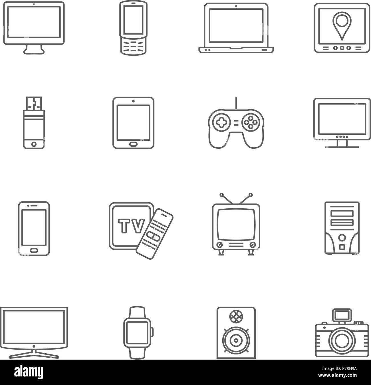 Devices and technology vector icons set, thin line style Stock Vector