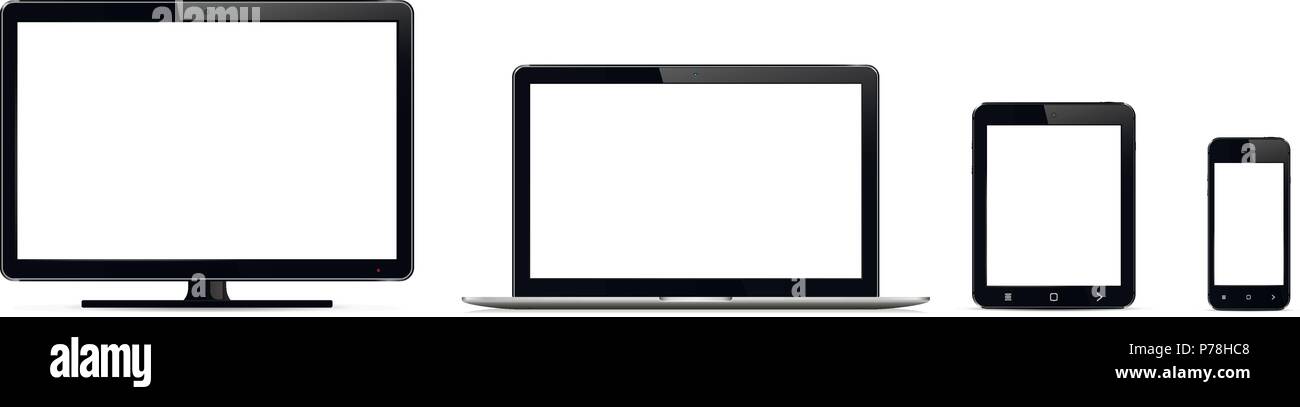Set of digital devices. Monitor, laptop, tablet and smart phone isolated on white. Vector illustration. Stock Vector