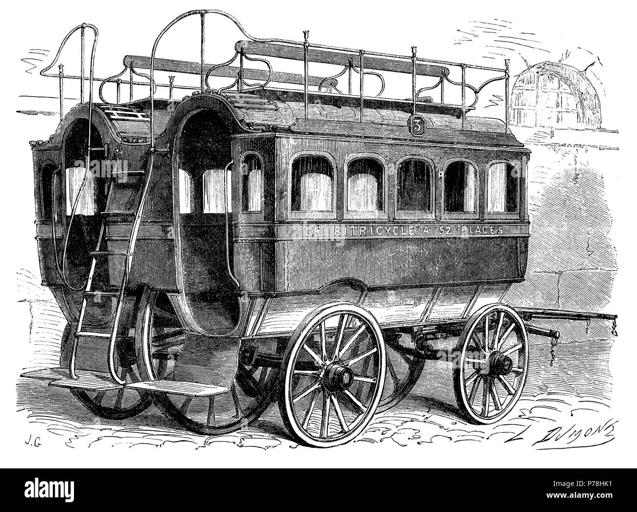 Bitricycle. Vehículo ómnibus de cincuenta y dos plazas inventado en París. Grabado de 1863. Stock Photo