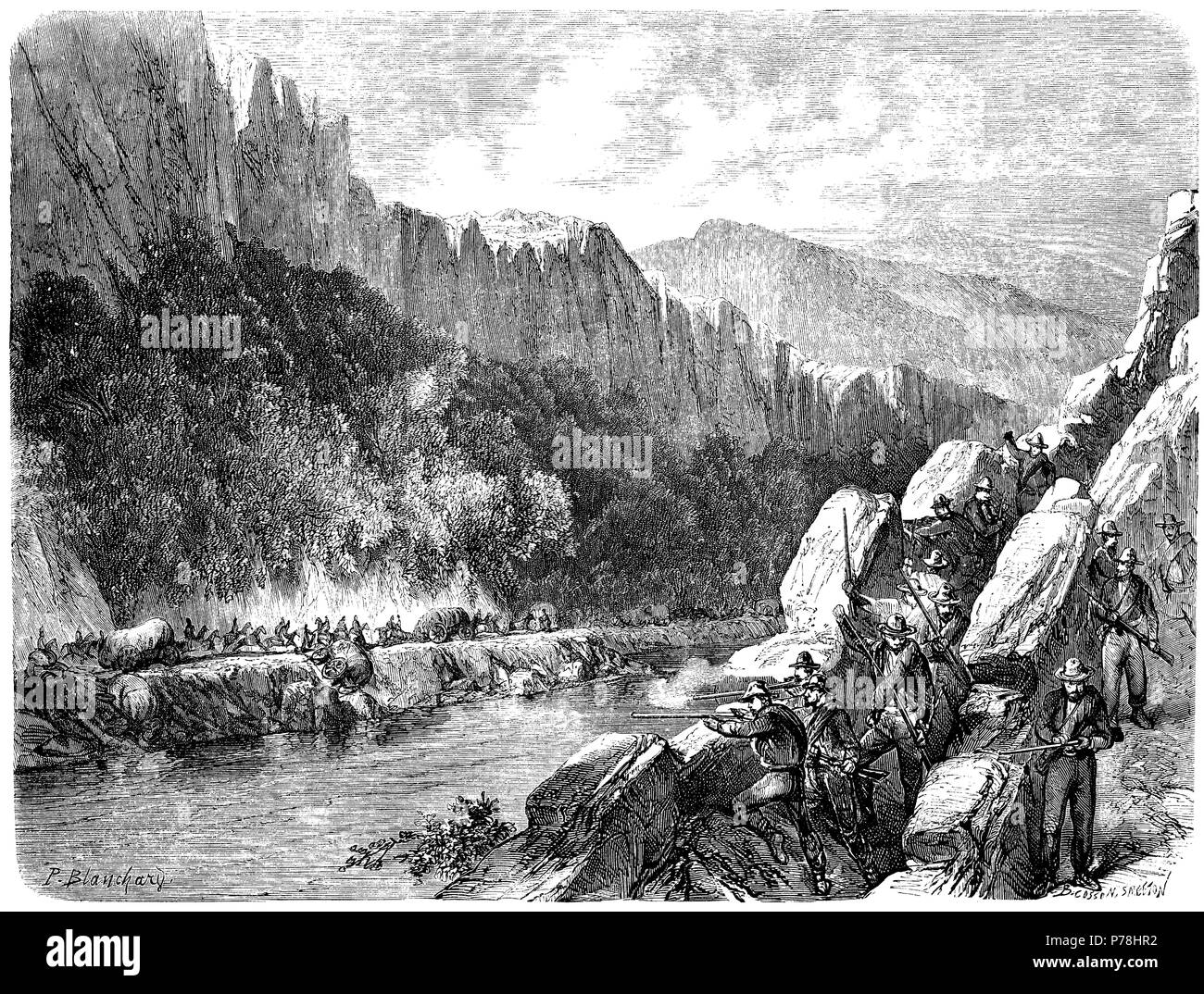 Estados Unidos de América. Guerra de secesión (1861-1865). Convoy unionista atacado por tropas federales en las riberas del río Tennessee. Grabado de 1863. Stock Photo