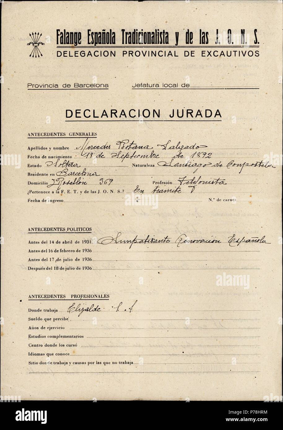Declaración jurada ante la Falange Española - Delegación Provincial de Excautivos. Febrero de 1942. Stock Photo