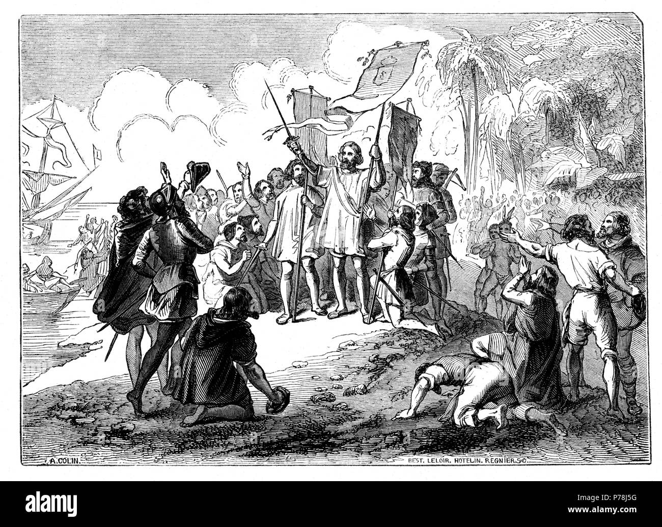 Descubrimiento de América por Cristóbal Colón. Año 1492. Grabado de 1854.