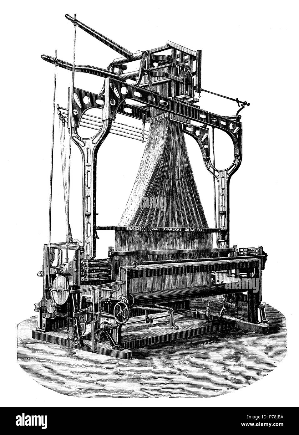Catalunya. Industria téxtil, siglo XIX. Telar mecánico provisto de la máquina Jacquardt. Grabado de 1891. Stock Photo