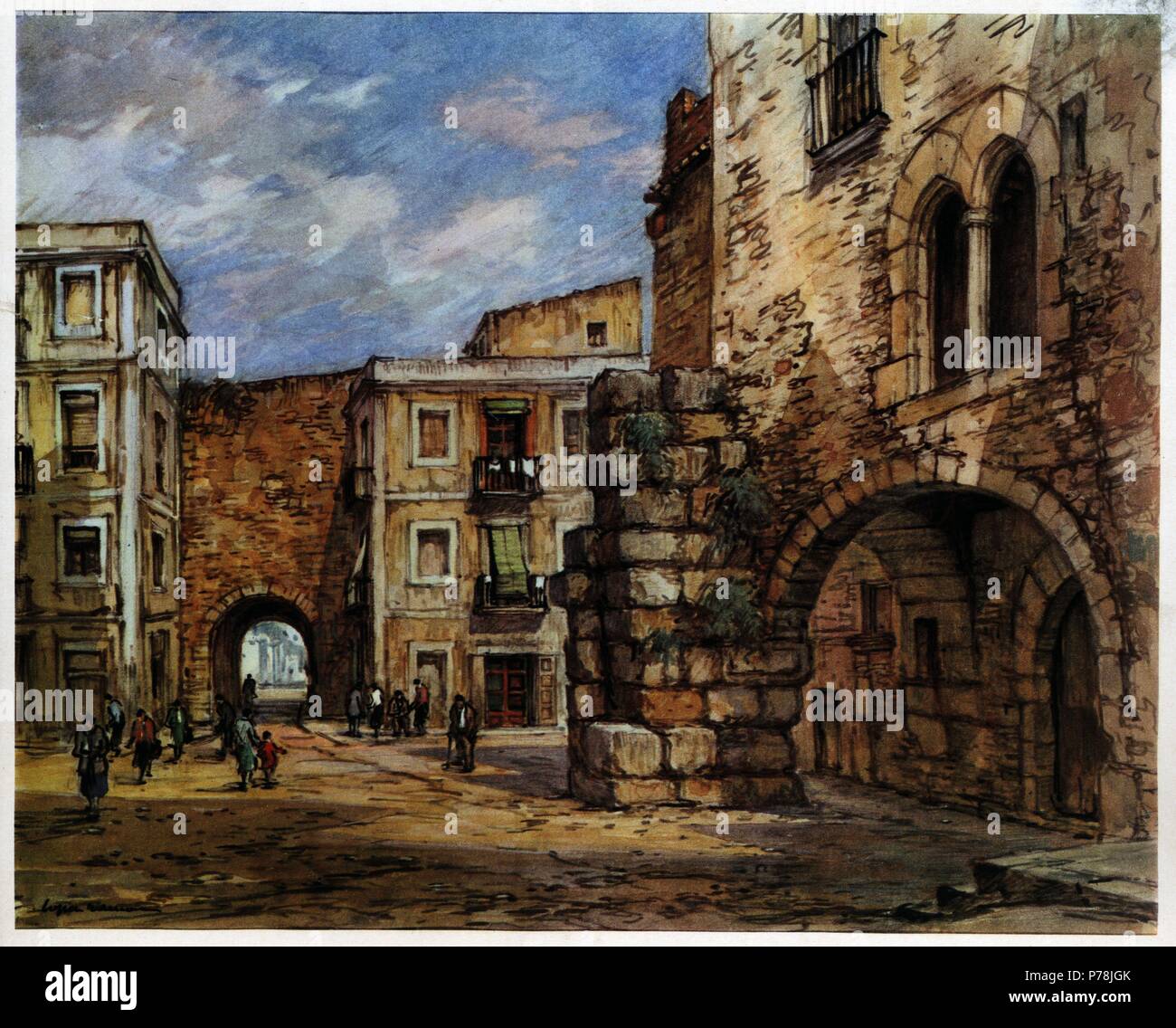Tarragona. Plaza del Pallol. Pintura de los años 1950. Stock Photo