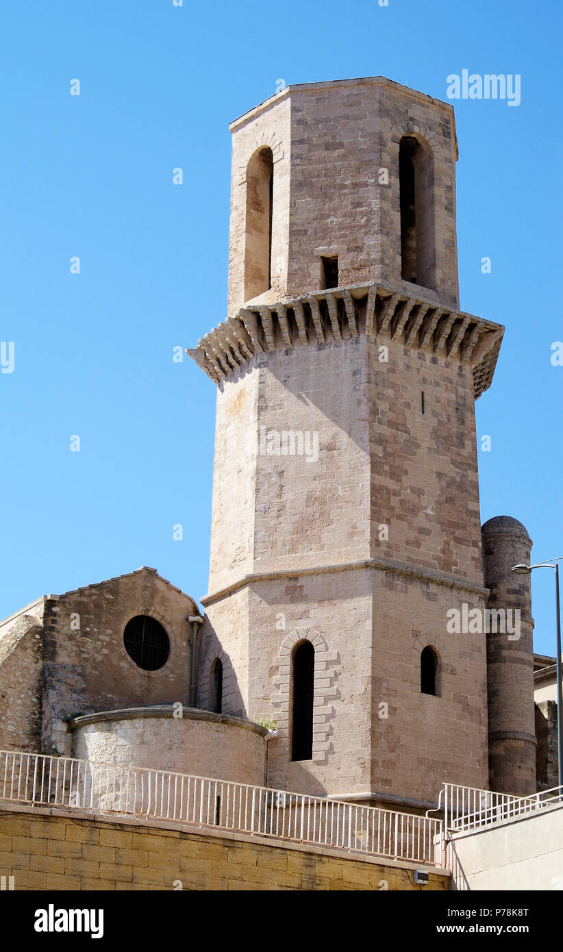 The Romanesque church of St Laurent, Marseille, in Le Panier Historic District perched on a hillside overlooking the Fort of St Jean & the Vieux Port. Stock Photo