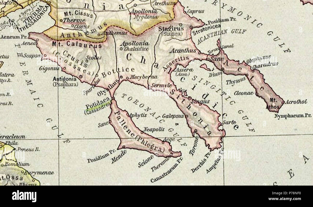 English Map of Chalcidice, cropped from old map of Greece, from the