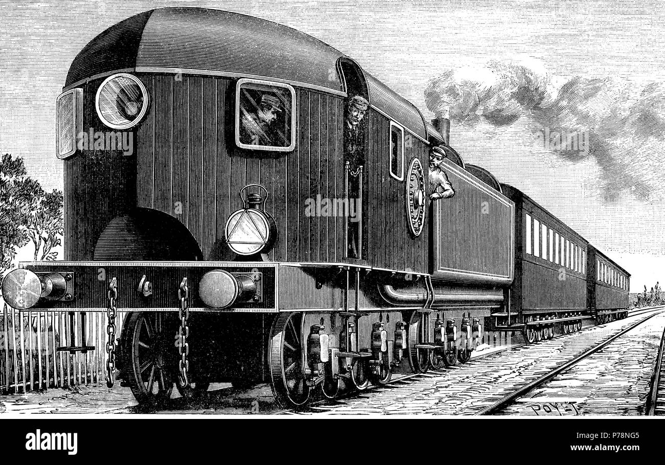 Ferrocarril aerodinámico de finales del siglo XIX, circulando por Norteamérica. Grabado de 1900. Stock Photo
