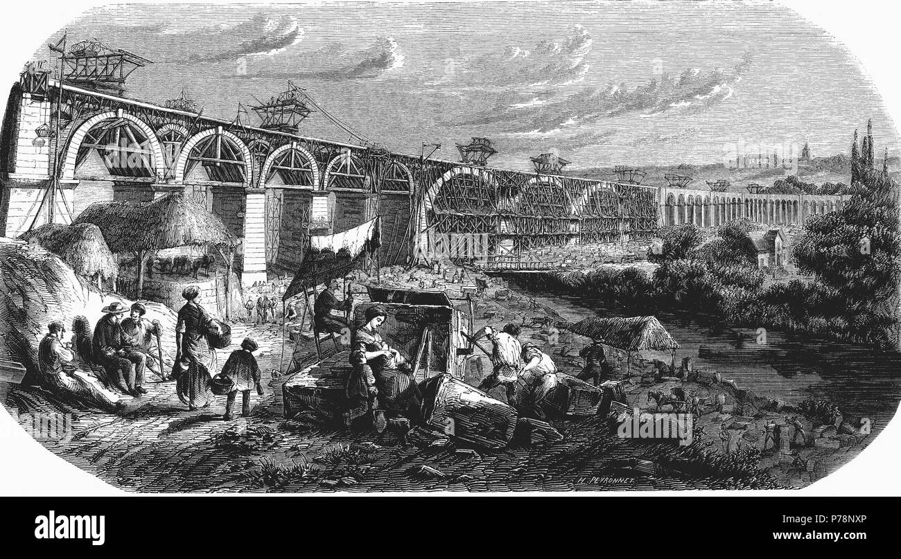 Linea de ferrocarril de Paris a Mulhouse, construcción del viaducto de Nogent sobre el rio Marne en marzo de 1857. Grabado de la época. Stock Photo