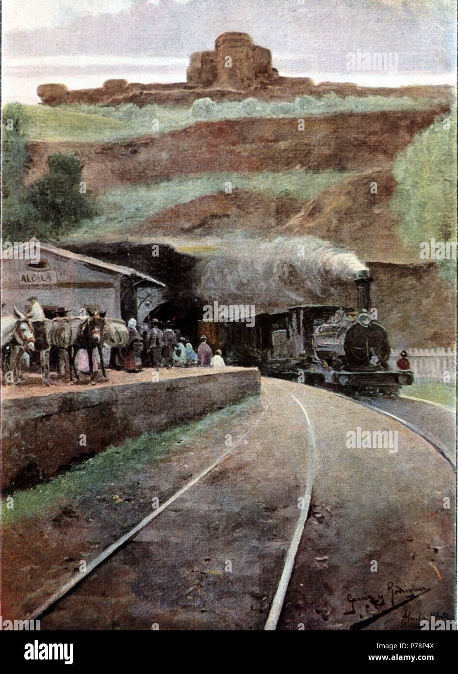 Paisajes sevillanos, estación de ferrocarril de los Panaderos, en Alcalá de Guadaira. Dibujo de 1903. Stock Photo