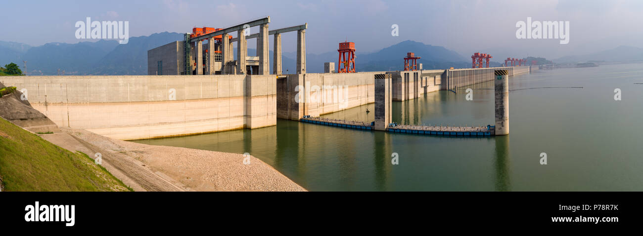 Panorama of Three Gorges Dam in China on Yangtse river Stock Photo