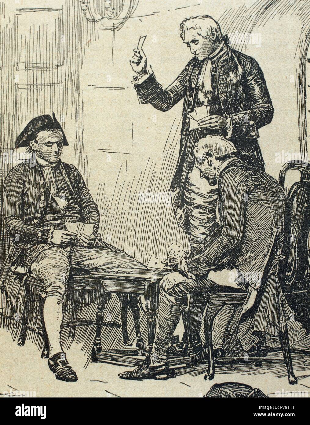 French revolution. 1789-1799. Count of Ferrers playing cards with his jailers before his execution. Engraving. 19th century. Stock Photo