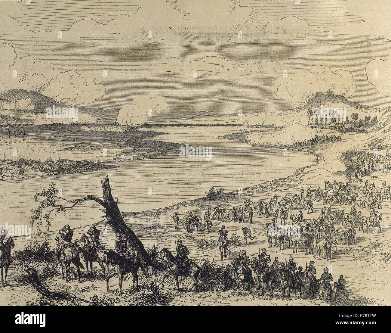 Franco-Prussian War. 1870-1871. Conflict between the Second French Empire and the German states of the North German Confederation led by the Kingdom of Prussian. Longeville Battle. Engraving by A. Daudenarez. La Ilustracion Espanola y Americana, 1870. Stock Photo