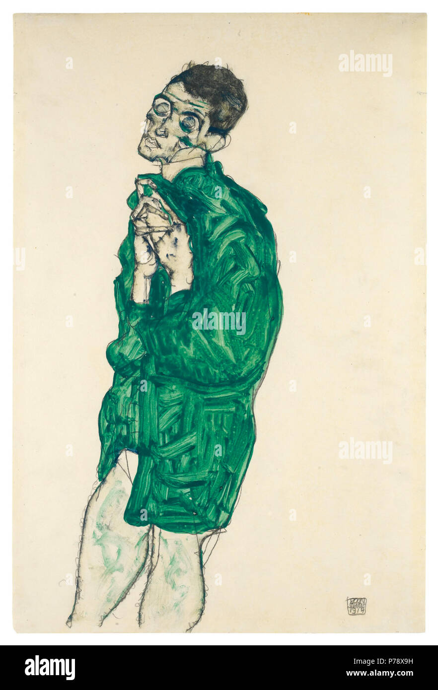 18 Egon Schiele - Selbstdarstellung in grünem Hemd mir geschlossenen Augen Stock Photo
