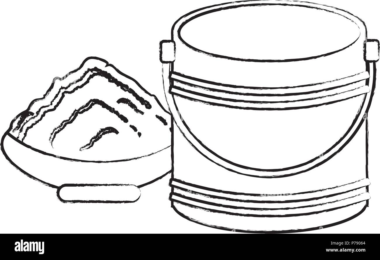 paint bucket and ceramic pot with paint over white background, vector