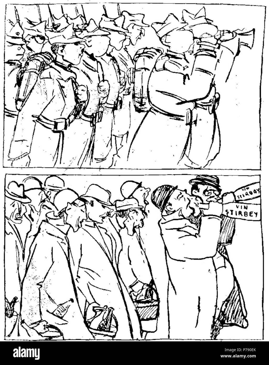 English: Cartoon and advert in the Romanian satirical magazine Furnica, titled Realizarea ideilor socialiste ('Bringing Socialist Ideas to Life'). First panel: Când armata permanent va fi desfiinat, trompeii cazoni vor fi înlocuii cu ... ('Once the standing army shall be disbanded, the military buglers will be replaced with...'). Second panel: ... trompeii civili! ('...civilian buglers!'). The labels read 'tirbey Wine'; one of the two people leading the drunken parade is actor Ion 'Iancu' Brezeanu. 4 March 1910 31 Ion Theodorescu-Sion - Realizarea ideilor socialiste, Furnica, 4 mar 1910 Stock Photo