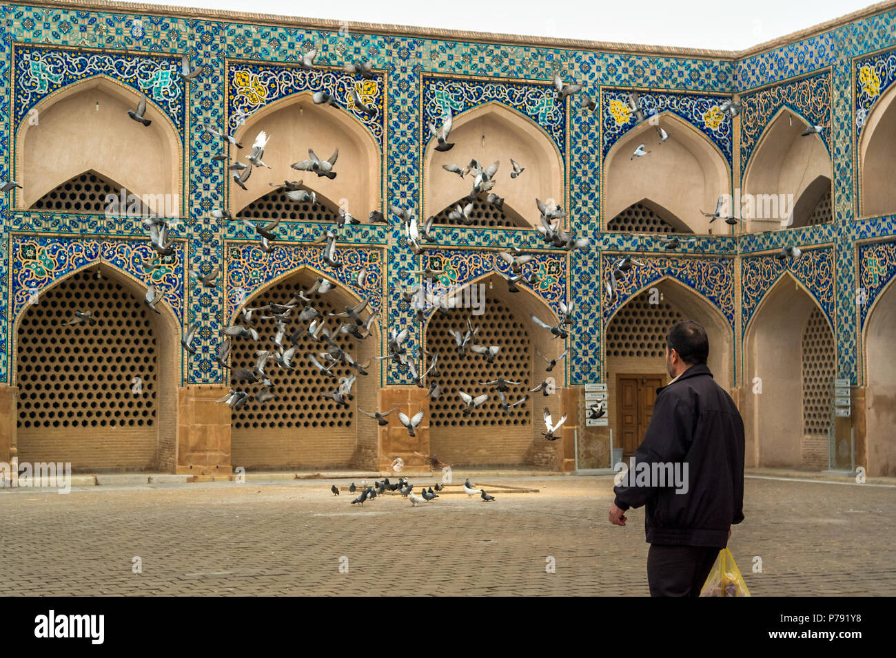 A flock of pigeons feeding in the open square of an Iranian mosque take flight after being startled. Stock Photo