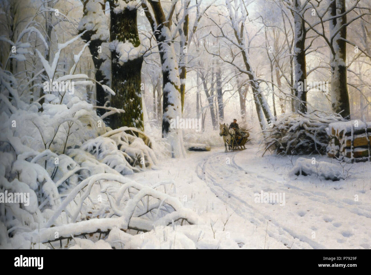 A winter landscape painting by Peder Mørk Mønsted depicting a snow
