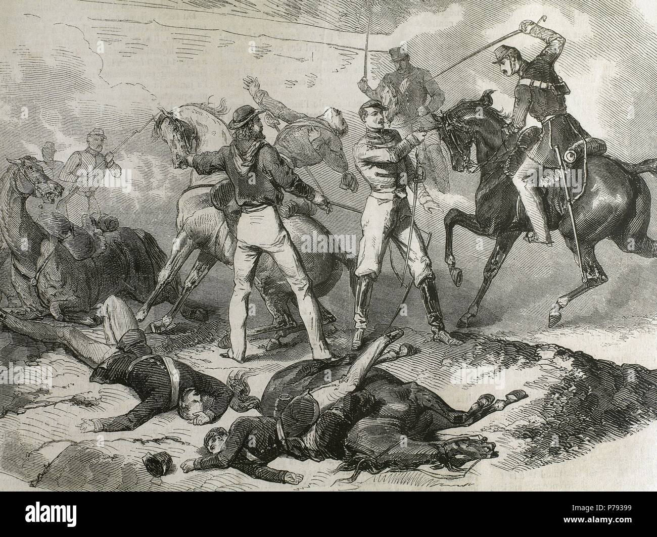 Risorgimento. Sicily Conquest. Batlle of Milazo. 17-24 July 1860 between Giuseppe Garibaldi's volunteers with Hungarian veterans and the troops of the Kingdom of Two Sicilies at MIlazzo, Sicily, then part of the Kingdom of Two Sicilies. Engraving. Sketch of M. Jules Duvaux. 19th century. Stock Photo