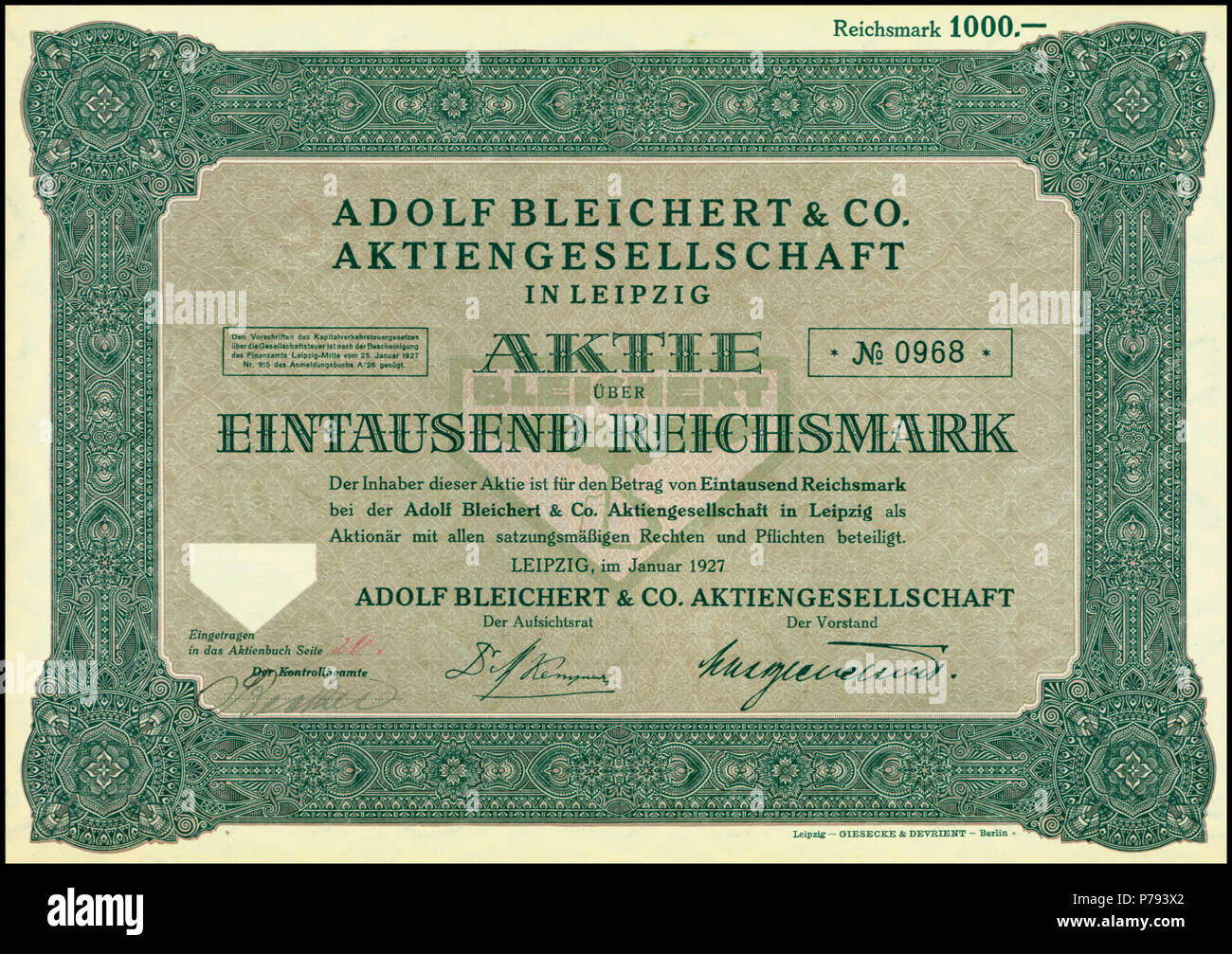 English: Share of the Adolf Bleichert & Co AG, issued Januar 1927 Deutsch: Aktie über 1000 RM der Adolf Bleichert & Co AG vom Januar 1927 . 1 January 1927 1 Adolf Bleichert &amp; Co AG 1927 Stock Photo
