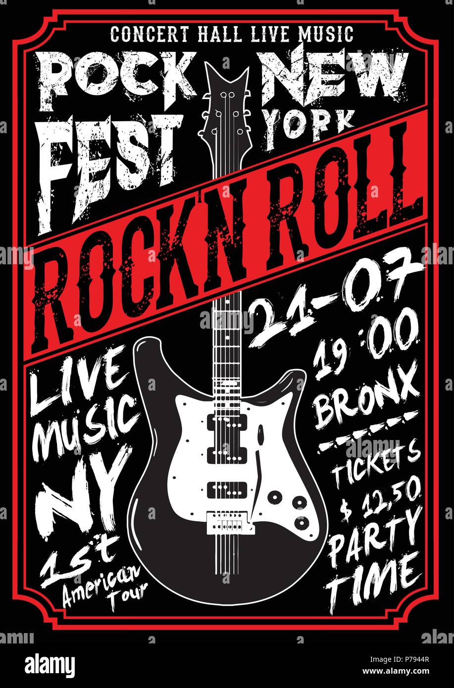 Cool grunge hand drawn electric guitar with distorted text in it. Rock