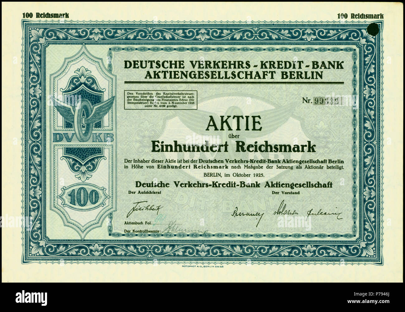 English Share Of The Deutsche Verkehrs Kredit Bank Ag Issued October 1925 Deutsch Aktie Uber 100 Rm Der Deutsche Verkehrs Kredit Bank Ag Vom Oktober 1925 1 October 1925 2 Dvkb 1925 Stock Photo Alamy