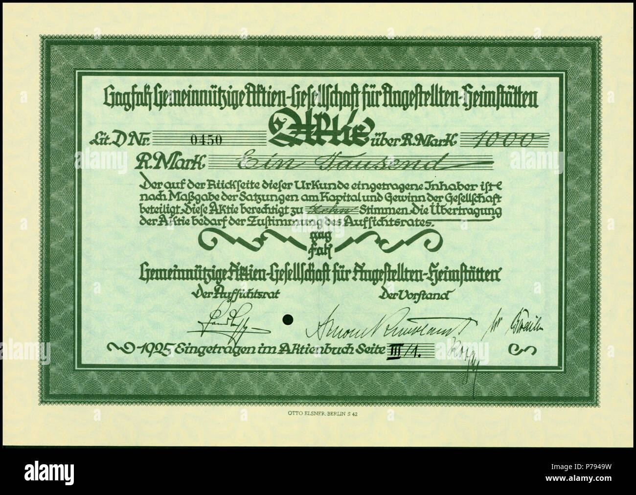 English Share Of The Gagfah Gemeinnutzige Aktien Gesellschaft Fur Angestellten Heimstatten Issued 1925 Deutsch Namensaktie Uber 1000 Rm Der Gagfah Gemeinnutzige Aktien Gesellschaft Fur Angestellten Heimstatten Von 1925 1 January 1925 3 Gagfah