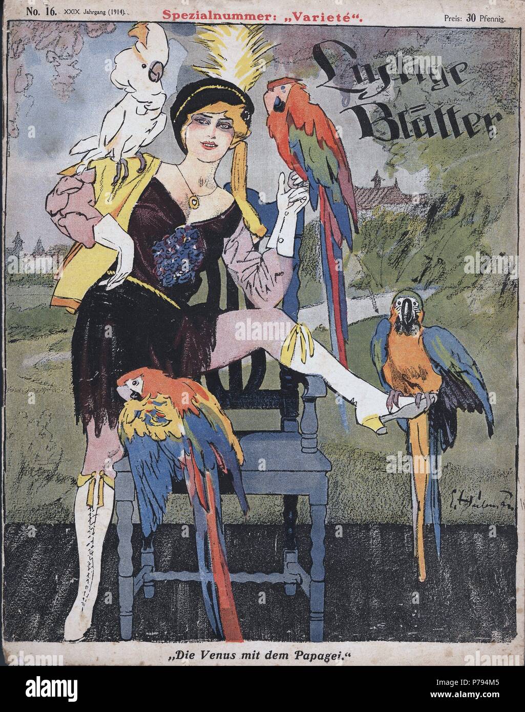 Portada de la revista alemana Lustige Blätter dedicada a las 'varietés'. Vedette con papagayos. Año 1914. Stock Photo