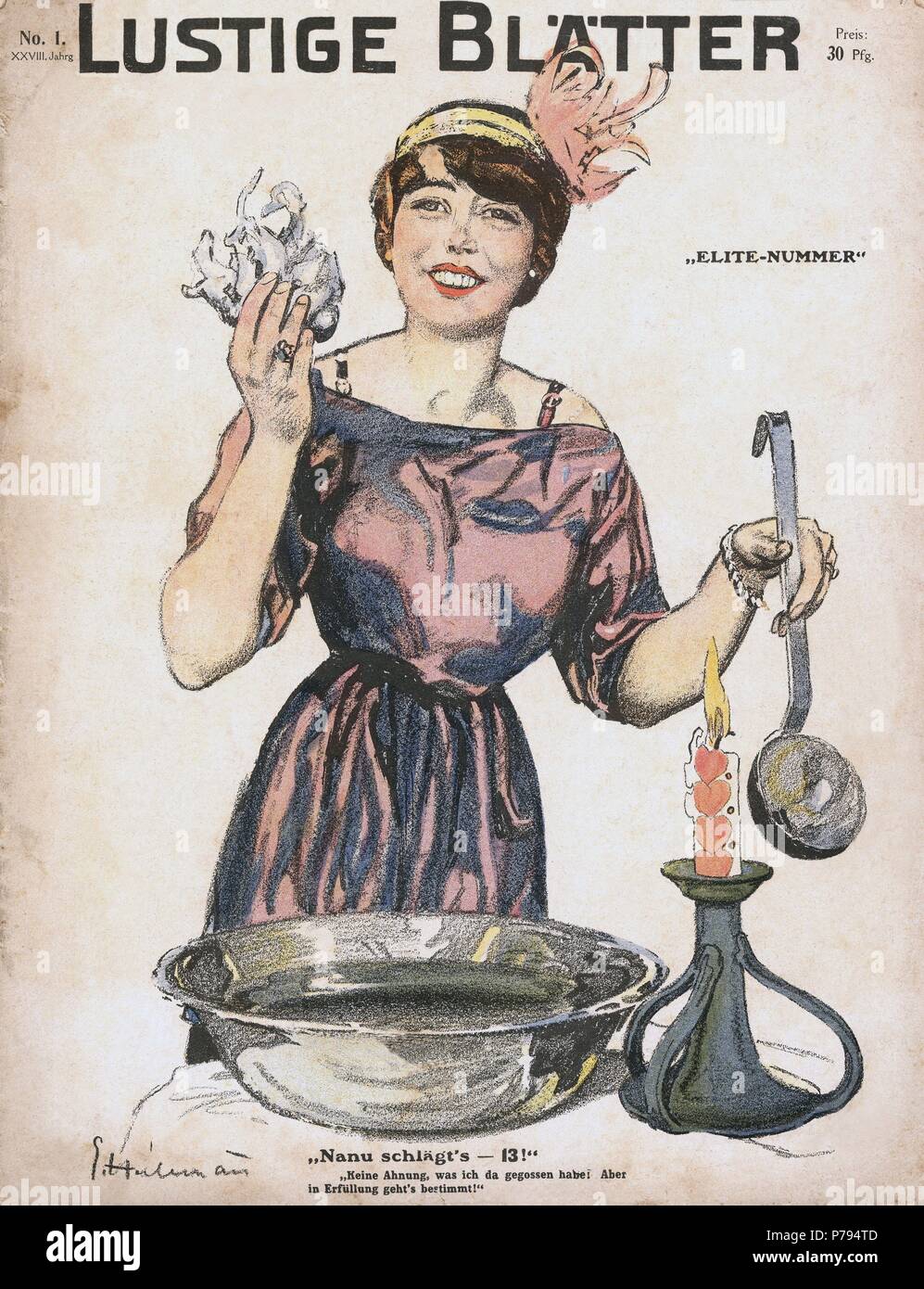 Portada de la revista alemana Lustige Blätter. Una mujer con utensilios de cocina y un estropajo. Año 1914. Stock Photo