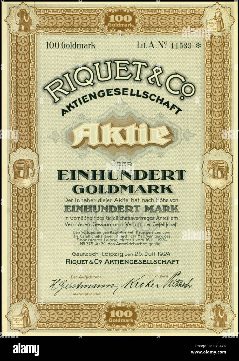 English: Share of the Riquet & Co AG, issued 26. July 1924 Deutsch: Aktie über 100 Goldmark der Riquet & Co AG vom 26. Juli 1924 . 26 July 1924 6 Riquet &amp; Co 1924 Stock Photo