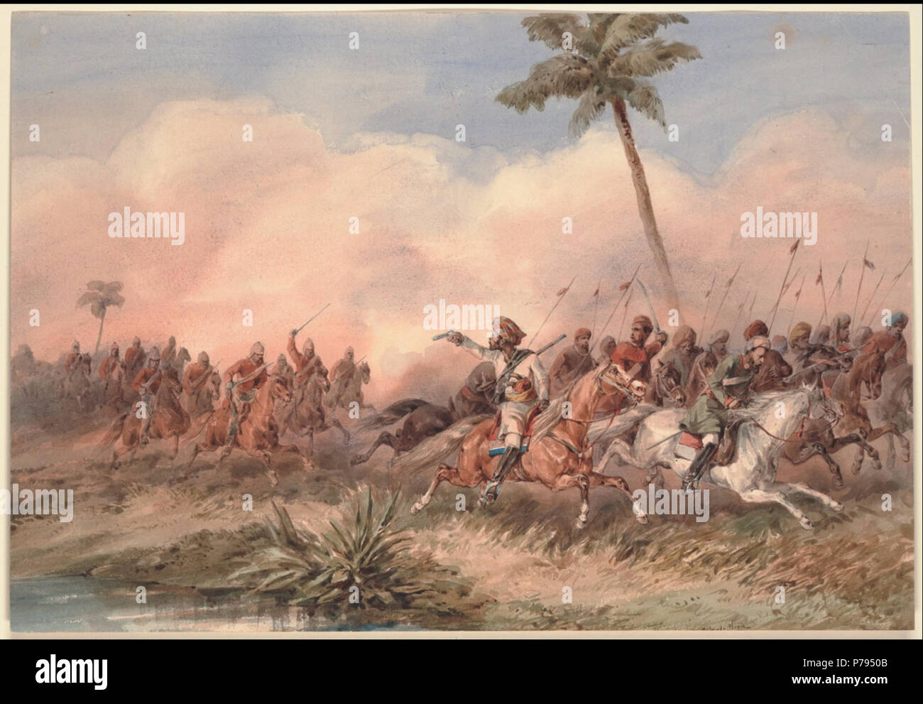 English: The 2nd Dragoon Guards, the Queen's Bays, routing the Lucknow mutineers near the Hyderabad road, Original watercolor signed by Norie; dragoons at left pursuing fleeing mutineers at right. Prints, Drawings, and Watercolors from the Anne S.K. Brown Military Collection. Sepoy Rebellion, 1857-1858, Oblong folio; no margins; clean. Title supplied by cataloger. London, Parker Gallery, 1958 . 1 January 1859 6 Sepoy Rebellion 1857, Hyderabad India. Stock Photo