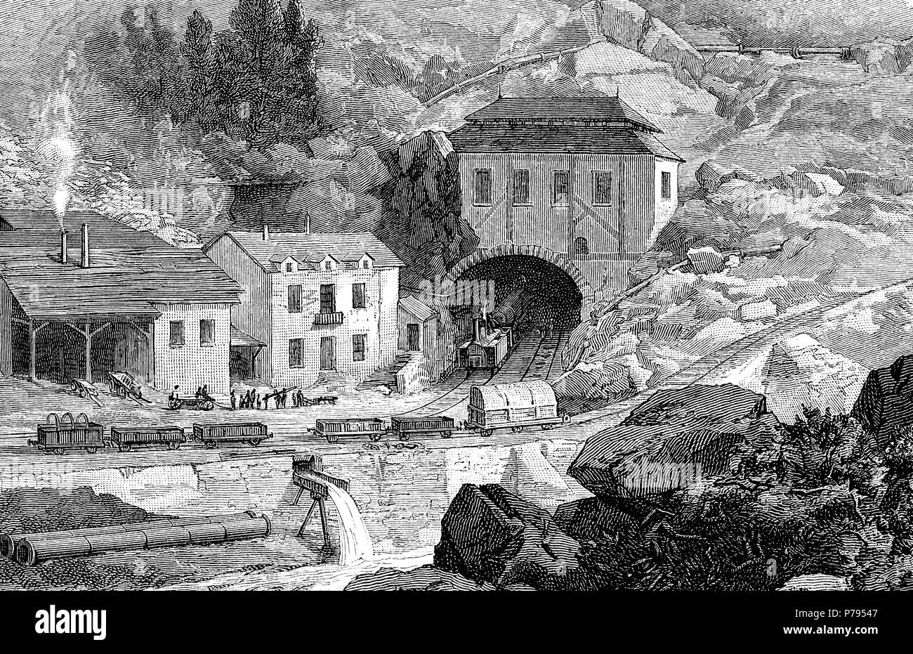 Entrada del ferrocarril en el túnel de Saint Gotardo en los Alpes suizos. Grabado de 1882. Stock Photo