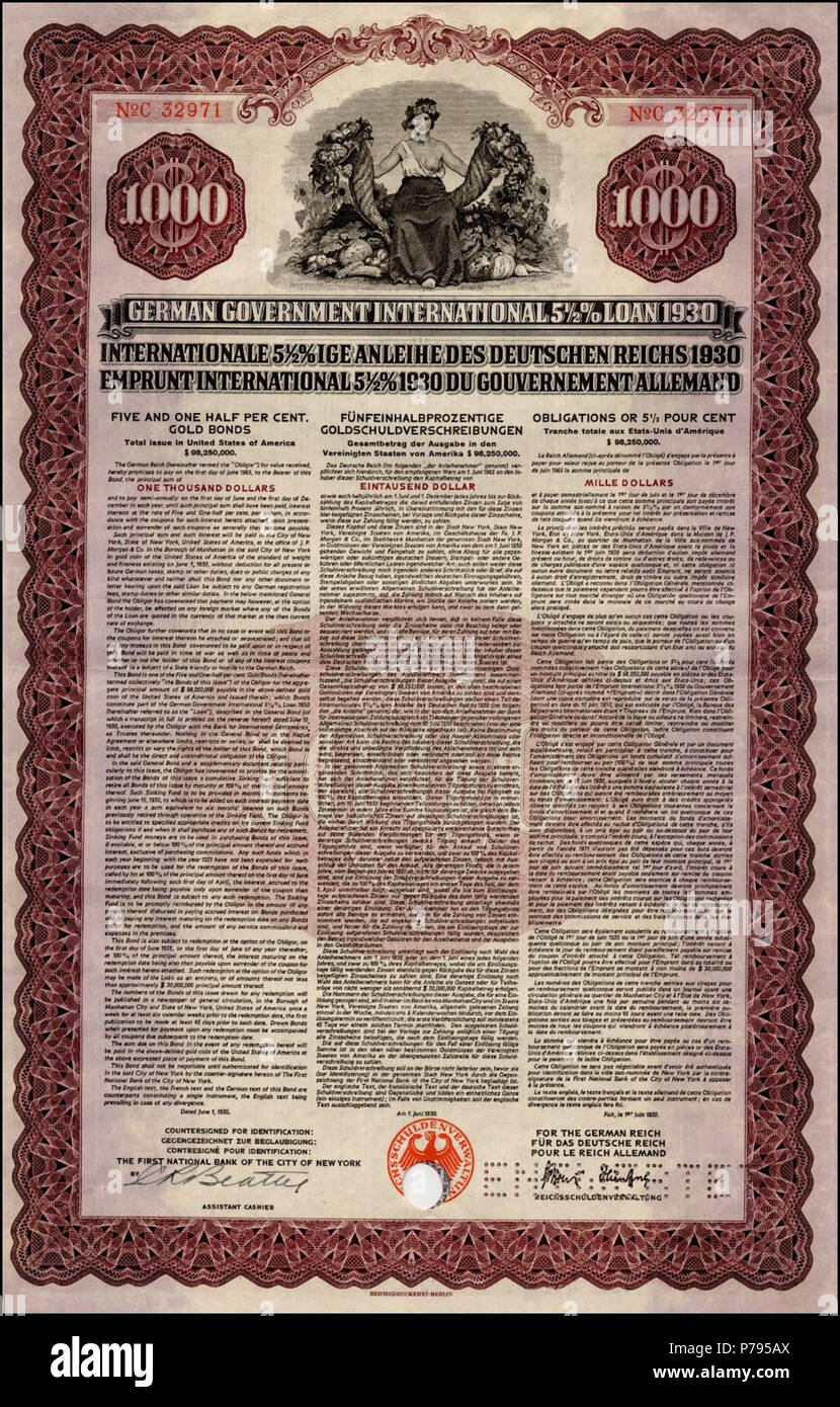 Deutsch: Amerikanische Tranche der Young-Anleihe: Deutsches Reich (Internationale Anleihe des Deutschen Reiches 1930 - German Government International Loan 1930) 5½%%%%%%%% Gold Bond über 1.000 $ von 1930 – fällig am 1. Juni 1965; aus dem Fundus BARoV/ Busso Peus . 1 June 1930 7 Young-Anleihe 1930 1000$ Stock Photo