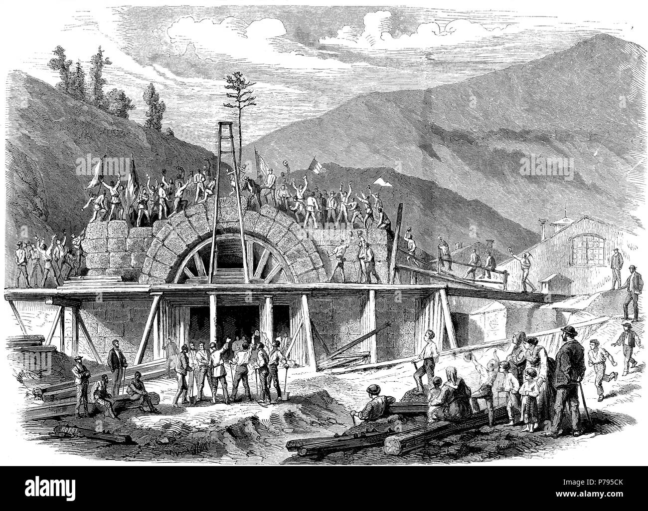 Apertura de los Alpes, colocación de la última piedra en el túnel de entrada de Mont Cenís entre Francia e Italia, el 18 de agosto de 1871. Grabado de época. Stock Photo